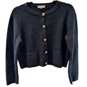 J Crew Black Cotton Cardigan Gold Crest Buttons Cropped Sweater Jacket Size M